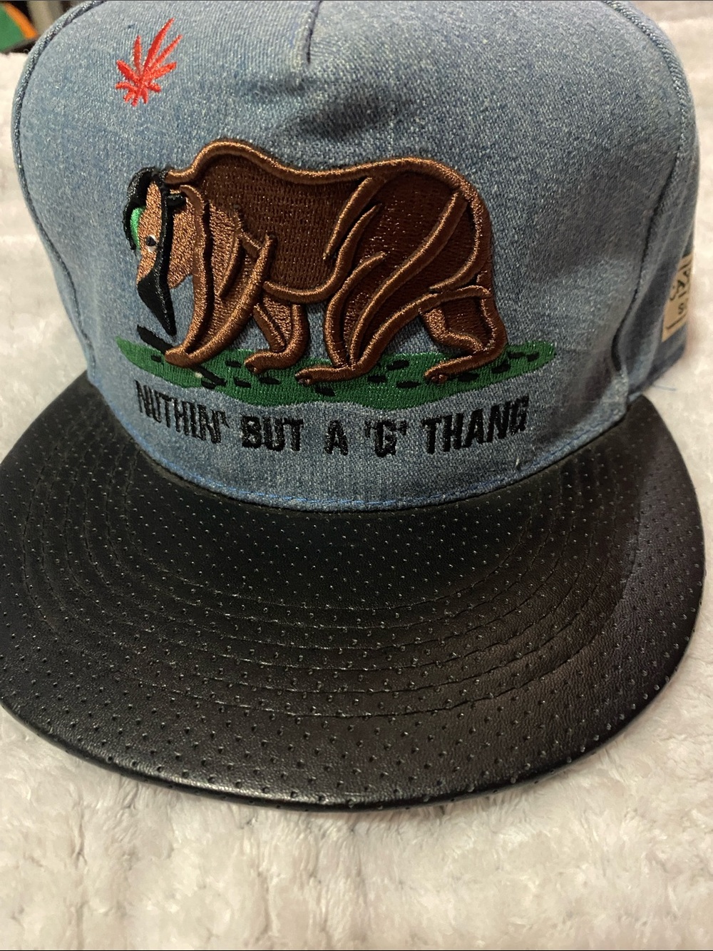 Denim Bear Embroidered Snapback Hat - Blue & Black